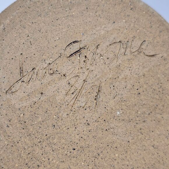 Vintage 80s Scandinavian Stoneware Pottery Floral Vase Blue Brown Signed Rustic - Picture 10 of 12